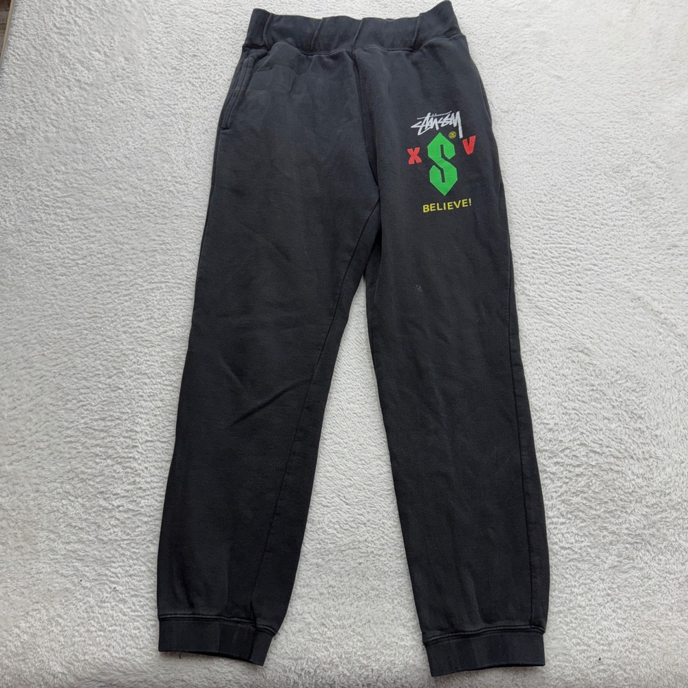 Stussy Believe Graphic Sweatpants Mens Small Black Streetwear‎ Joggers USA Made